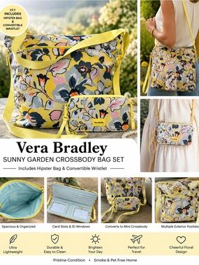 Vera Bradley Sunny Garden Set Hipster Crossbody + Convertible Wristlet Floral
